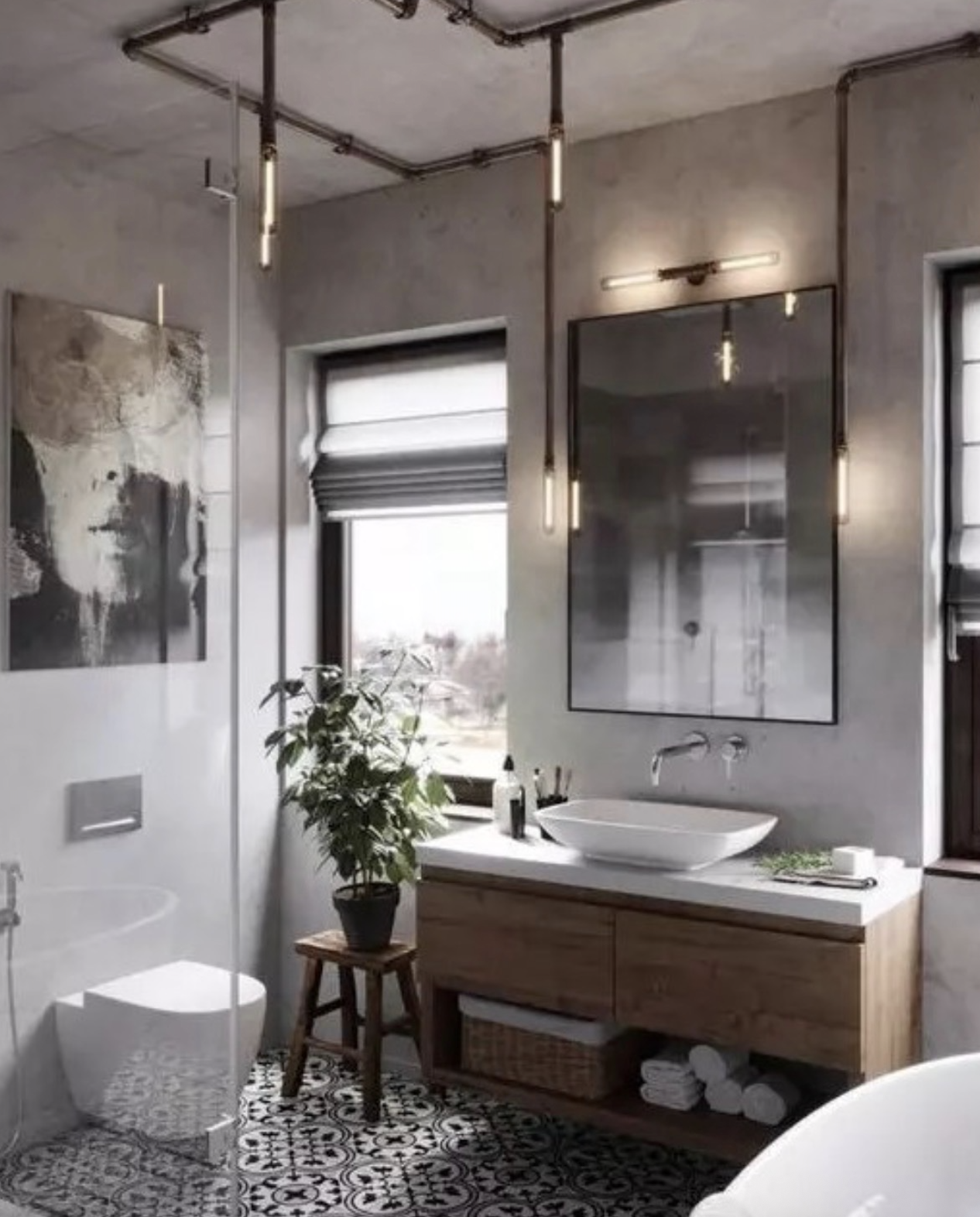 Industrial-style bathroom plumbing
